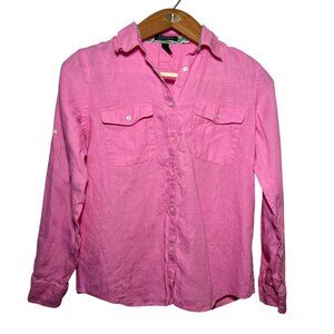 LRL Pink Linen Button Up Top October Awareness Bright Preppy Coastal Size Large